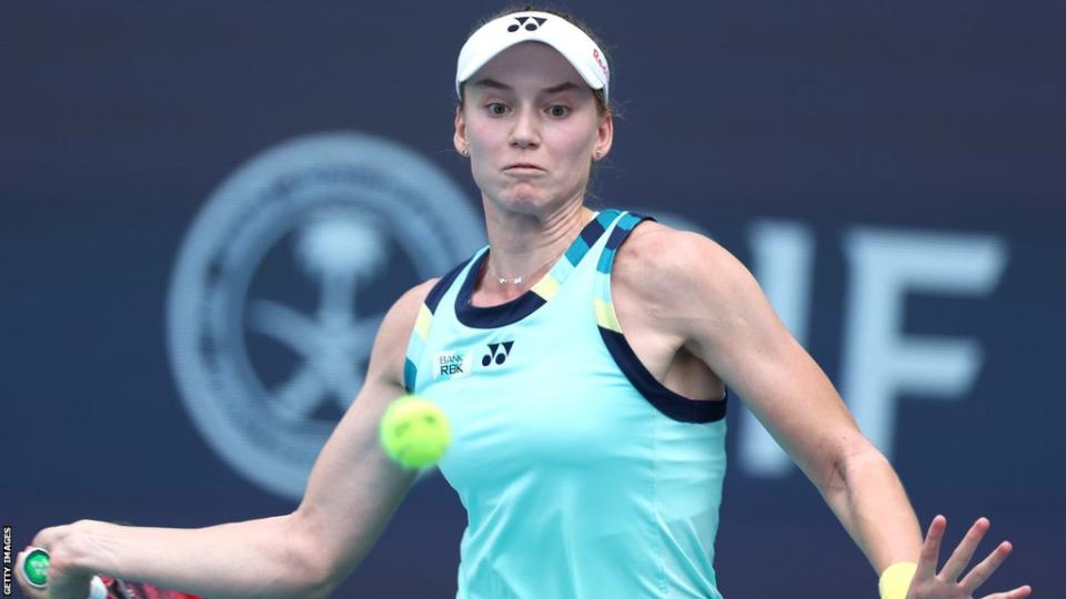 Elena Rybakina hits a return in Miami