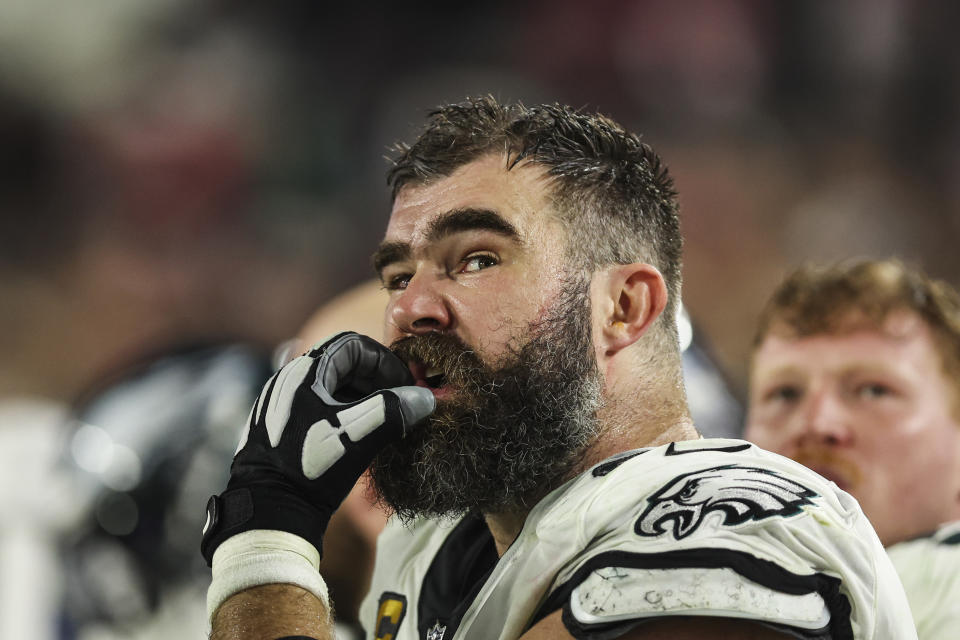 TAMPA, FL - JANUARY 15: Jason Kelce #62 of the Philadelphia Eagles looks on from the sideline during an NFL Wild Card playoff football game against the Tampa Bay Buccaneers at Raymond James Stadium on January 15, 2024 in Tampa, Florida. (Photo by Perry Knotts/Getty Images)