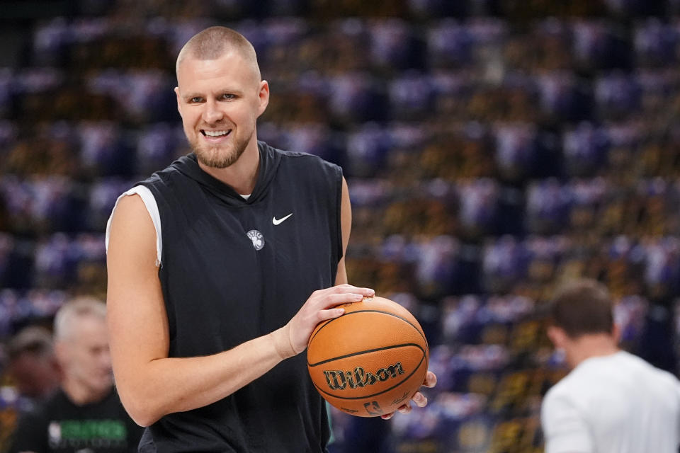 Boston Celtics center Kristaps Porzingis works out prior to Game 4 of the NBA basketball finals against the Dallas Mavericks, Friday, June 14, 2024, in Dallas. (STF Photo/Julio Cortez)