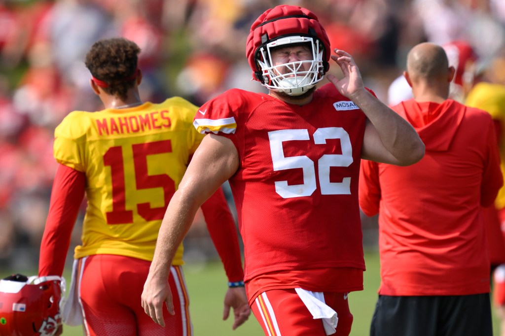 Kansas City Chiefs center Creed Humphrey (52) comes off the field after a play during NFL football training camp Friday, July 26, 2024, in St. Joseph, Mo.