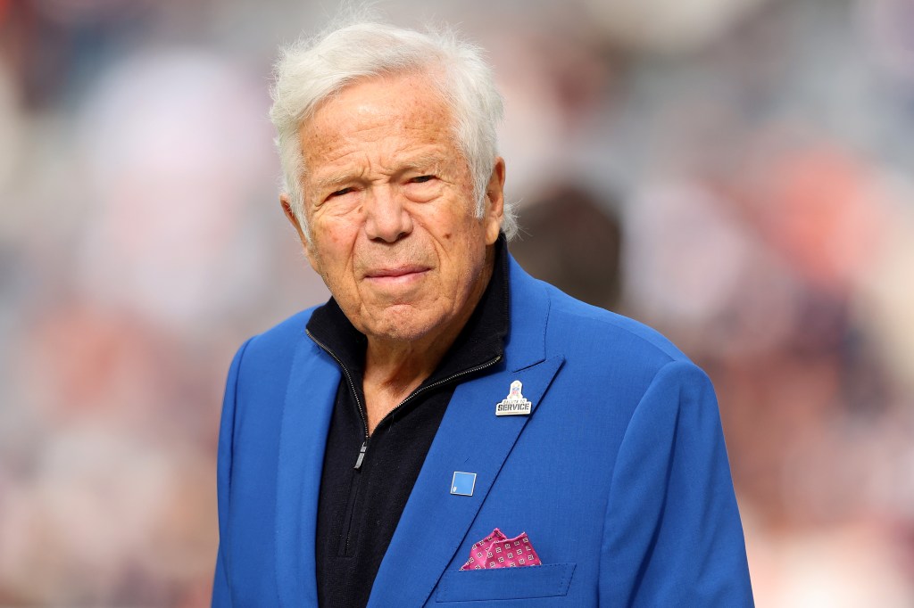  New England Patriots team owner Robert Kraft looks on before the game against the Chicago Bears at Soldier Field on November 10, 2024.