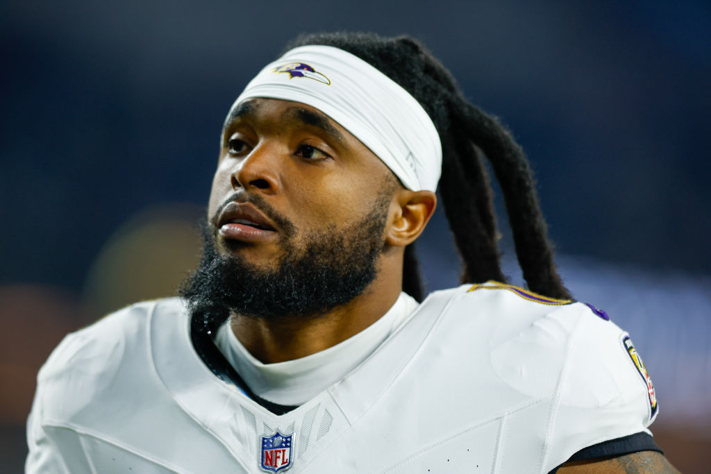 Baltimore Ravens wide receiver Diontae Johnson (18) leaves the football field after the NFL game between the Baltimore Ravens and the Los Angeles Chargers on November 25, 2024, at SoFi Stadium in Inglewood, CA.