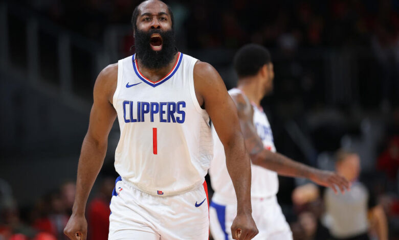 ATLANTA, GEORGIA - FEBRUARY 05:  James Harden #1 of the LA Clippers reacts after hitting a three-point basket against the Atlanta Hawks during the first quarter at State Farm Arena on February 05, 2024 in Atlanta, Georgia.  NOTE TO USER: User expressly acknowledges and agrees that, by downloading and/or using this photograph, user is consenting to the terms and conditions of the Getty Images License Agreement.  (Photo by Kevin C. Cox/Getty Images)