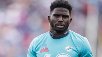 ORLANDO, FLORIDA - FEBRUARY 04: Tyreek Hill #10 of the Miami Dolphins and AFC looks on during the 2024 NFL Pro Bowl at Camping World Stadium on February 04, 2024 in Orlando, Florida. (Photo by James Gilbert/Getty Images)