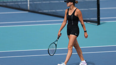 MIAMI GARDENS, FLORIDA - MARCH 20: Aryna Sabalenka of Belarus practices during day 5 of the Miami Open at Hard Rock Stadium on March 20, 2024 in Miami Gardens, Florida. (Photo by Megan Briggs/Getty Images)