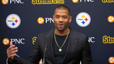 Pittsburgh Steelers newly-signed quarterback Russell Wilson speaks with reporters during an NFL football news conference in Pittsburgh, Friday, March 15, 2024