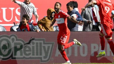 Chicago Fire forward Kellyn Acosta, center, celebrates after scoring the game winning goal during the second half of an MLS soccer match against CF Montréal, Saturday, March 16, 2024, in Chicago. (AP Photo/Matt Marton)