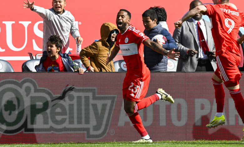 Chicago Fire forward Kellyn Acosta, center, celebrates after scoring the game winning goal during the second half of an MLS soccer match against CF Montréal, Saturday, March 16, 2024, in Chicago. (AP Photo/Matt Marton)