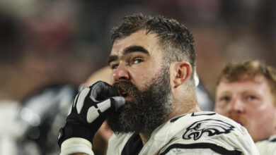 TAMPA, FL - JANUARY 15: Jason Kelce #62 of the Philadelphia Eagles looks on from the sideline during an NFL Wild Card playoff football game against the Tampa Bay Buccaneers at Raymond James Stadium on January 15, 2024 in Tampa, Florida. (Photo by Perry Knotts/Getty Images)