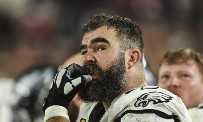 TAMPA, FL - JANUARY 15: Jason Kelce #62 of the Philadelphia Eagles looks on from the sideline during an NFL Wild Card playoff football game against the Tampa Bay Buccaneers at Raymond James Stadium on January 15, 2024 in Tampa, Florida. (Photo by Perry Knotts/Getty Images)