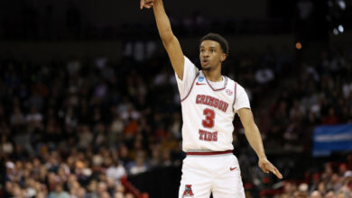 SPOKANE, WASHINGTON - MARCH 24: Rylan Griffen #3 of the Alabama Crimson Tide watches his shot during the first half against the Grand Canyon Antelopes in the second round of the NCAA Men's Basketball Tournament at Spokane Veterans Memorial Arena on March 24, 2024 in Spokane, Washington. (Photo by Steph Chambers/Getty Images)