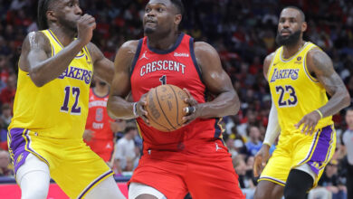 NEW ORLEANS, LOUISIANA - APRIL 16: Zion Williamson #1 of the New Orleans Pelicans drives against Taurean Prince #12 and LeBron James #23 of the Los Angeles Lakers during the first half of a game at the Smoothie King Center on April 16, 2024 in New Orleans, Louisiana. NOTE TO USER: User expressly acknowledges and agrees that, by downloading and or using this Photograph, user is consenting to the terms and conditions of the Getty Images License Agreement. (Photo by Jonathan Bachman/Getty Images)