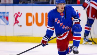 New York Rangers Defenseman Braden Schneider (4) is pictured prior to the National Hockey League game between the Philadelphia Flyers and the New York Rangers.