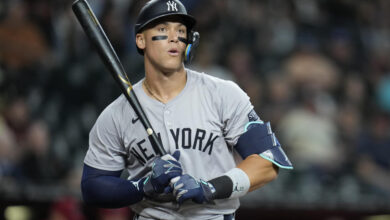 Nike New York Yankees' Aaron Judge pauses while batting against the Arizona Diamondbacks during the ninth inning of a baseball game Tuesday, April 2, 2024, in Phoenix. The Diamondbacks won 7-0. (AP Photo/Ross D. Franklin)