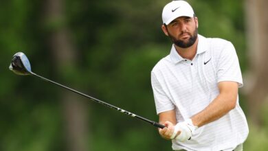 Scottie Scheffler of the United States prepares for his shot from the fifth tee during the first round of the 2024 PGA Championship at Valhalla Golf Club on May 16, 2024 in Louisville, Kentucky.