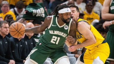 Bucks' Patrick Beverley hurls basketball at fans behind the bench during Game 6 loss to Pacers