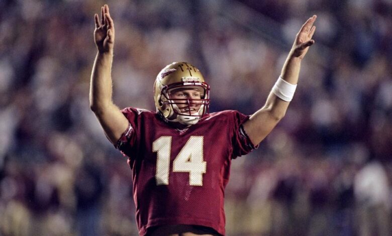 7 Nov 1998: Marcus Outzen #14 of the Florida State Seminoles celebrates during the game against the Virginia Cavaliers at the Doak Campell Stadium in Tallahassee, Florida. The Seminoles defeated the Cavaliers 45-14. Mandatory Credit: Scott Halleran  /Allsport