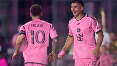 FORT LAUDERDALE, FLORIDA - MAY 04: Lionel Messi #10 of Inter Miami CF celebrates with Luis Suarez #9 after scoring a goal in the 50th minute against the New York Red Bulls during the second half in the game at DRV PNK Stadium on May 04, 2024 in Fort Lauderdale, Florida. (Photo by Megan Briggs/Getty Images)