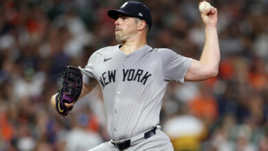 Yankees pitcher Carlos Rodon has become the unfortunate poster child of the new uniforms' sweat problem. (Photo by Tim Warner/Getty Images)