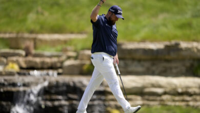 Shane Lowry, of Ireland, celebrates after a birdie on the 13th hole during the third round of the PGA Championship golf tournament at the Valhalla Golf Club, Saturday, May 18, 2024, in Louisville, Ky. (AP Photo/Matt York)