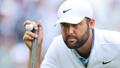 LOUISVILLE, KENTUCKY - MAY 17: Scottie Scheffler of the United States lines up a putt on the fourth green during the second round of the 2024 PGA Championship at Valhalla Golf Club on May 17, 2024 in Louisville, Kentucky. (Photo by Michael Reaves/Getty Images)