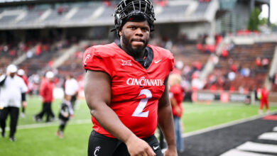 CINCINNATI, OH - OCTOBER 14: Cincinnati DL Dontay Corleone (2) during a college football game between the Iowa State Cyclones and Cincinnati Bearcats on October 14, 2023 at Nippert Stadium in Cincinnati, OH. (Photo by James Black/Icon Sportswire via Getty Images)