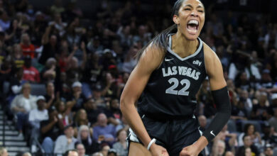 LAS VEGAS, NEVADA - MAY 25: A'ja Wilson #22 of the Las Vegas Aces reacts after making a basket and drawing a foul against the Indiana Fever in the third quarter of their game at Michelob ULTRA Arena on May 25, 2024 in Las Vegas, Nevada. The Aces defeated the Fever 99-80. NOTE TO USER: User expressly acknowledges and agrees that, by downloading and or using this photograph, User is consenting to the terms and conditions of the Getty Images License Agreement. (Photo by Ethan Miller/Getty Images)