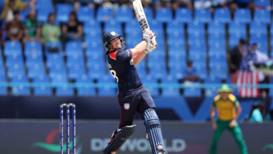 ANTIGUA, ANTIGUA AND BARBUDA - JUNE 19: Andries Gous USA bats during the ICC Men's T20 Cricket World Cup West Indies & USA 2024 Super Eight match between USA and South Africa at  Sir Vivian Richards Stadium on June 19, 2024 in Antigua, Antigua and Barbuda. (Photo by Jan Kruger-ICC/ICC via Getty Images)