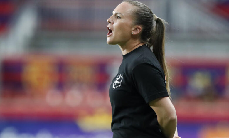 SANDY, UT - JUNE 29:  Amy Rodriguez head coach of the Utah Royals calls in a play during the second half of their game against the Portland Thorns FC at America First Field on June 29, 2024 in Sandy, Utah. (Photo by Chris Gardner/Getty Images)