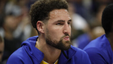 SACRAMENTO, CALIFORNIA - APRIL 16: Golden State Warriors' Klay Thompson #11 watches from the bench in the second quarter of their NBA play-in tournament game against the Sacramento Kings at the Golden One Center in Sacramento, Calif., on Tuesday, April 16, 2023. (Jane Tyska/Digital First Media/East Bay Times via Getty Images)