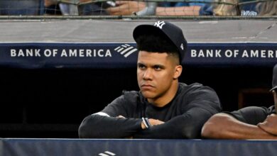 Yankees outfielder Juan Soto (22) in the dugout during the fourth inning.