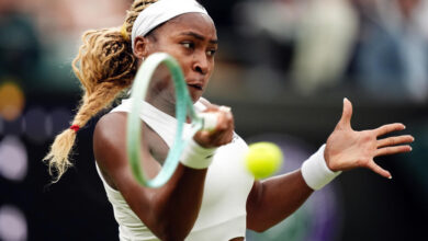 Coco Gauff in action against Sonay Kartal (not pictured) on day five of the 2024 Wimbledon Championships at the All England Lawn Tennis and Croquet Club, London. Picture date: Friday July 5, 2024. (Photo by Aaron Chown/PA Images via Getty Images)