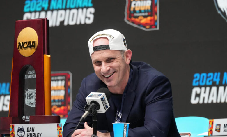 GLENDALE, ARIZONA - APRIL 08:  Head coach Dan Hurley of the Connecticut Huskies addresses the media after the National College Basketball Championship game against the Purdue Boilermakers at State Farm Stadium on April 08, 2024 in Glendale, Arizona.  (Photo by Mitchell Layton/Getty Images)