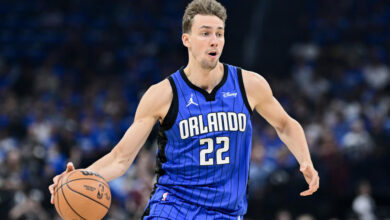 ORLANDO, FLORIDA - MAY 03: Franz Wagner #22 of the Orlando Magic dribbles against the Cleveland Cavaliers during the first quarter in Game Six of the Eastern Conference First Round Playoffs at Kia Center on May 03, 2024 in Orlando, Florida.  (Photo by Julio Aguilar/Getty Images)