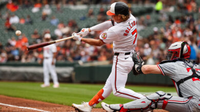 BALTIMORE, MD - APRIL 17: Jackson Holliday #7 of the Baltimore Orioles at bat against the Minnesota Twins during the third inning at Oriole Park at Camden Yards on April 17, 2024 in Baltimore, Maryland. (Photo by Scott Taetsch/Getty Images)