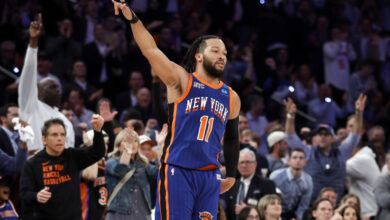 NEW YORK, NEW YORK - MAY 14: Jalen Brunson #11 of the New York Knicks reacts during Game Five of the Eastern Conference Second Round Playoffs against the Indiana Pacers at Madison Square Garden on May 14, 2024 in New York City. The Knicks won 121-91. NOTE TO USER: User expressly acknowledges and agrees that, by downloading and or using this photograph, User is consenting to the terms and conditions of the Getty Images License Agreement. (Photo by Sarah Stier/Getty Images)