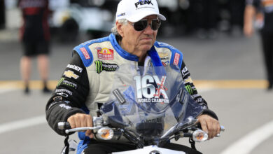 BRISTOL, TN - JUNE 08: John Force, of Yorba Linda, CA, driving a JFR 500 Peak Chevy '22 Camaro SS prior to second round qualifying for the NHRA Thunder Valley Nationals on Saturday June 8, 2024 at the Bristol Dragway in Bristol, Tennessee.  (Photo by David J. Griffin/Icon Sportswire via Getty Images)