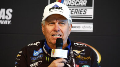 LAS VEGAS, NV - MARCH 03: NHRA legend John Force speaks with members of the media before the Pennzoil 400 presented by Jiffy Lube NASCAR Cup Series race on March 3, 2024, at Las Vegas Motor Speedway in Las Vegas, NV. (Photo by Jeff Speer/LVMS/Icon Sportswire via Getty Images)