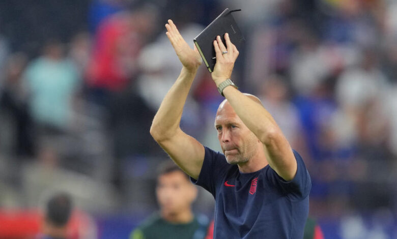 ARLINGTON, TEXAS - JUNE 23: United States head coach Gregg Berhalter salutes the fans after playing Bolivia at AT&T Stadium on June 23, 2024 in Arlington, Texas. (Photo by John Todd/ISI Photos/USSF/Getty Images for USSF)