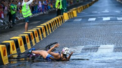 Paris streets littered by bicycle crashes during Olympics triathlon amid wet conditions