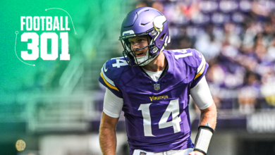 MINNEAPOLIS, MINNESOTA - AUGUST 10: Sam Darnold #14 of the Minnesota Vikings looks on in the first quarter of the preseason game against the Las Vegas Raiders at U.S. Bank Stadium on August 10, 2024 in Minneapolis, Minnesota. (Photo by Stephen Maturen/Getty Images)