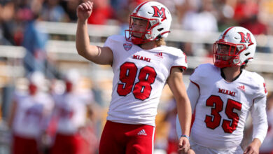 KENT, OH - SEPTEMBER 30: Miami RedHawks placekicker Graham Nicholson (98) kicks a 40-yard field goal during the first quarter of the college football game between the Miami (OH) RedHawks and and Kent State Golden Flashes on September 30, 2023, at Dix Stadium in Kent, OH.  (Photo by Frank Jansky/Icon Sportswire via Getty Images)