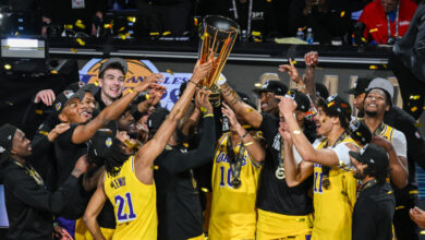 LAS VEGAS, NEVADA - DECEMBER 9: Los Angeles Lakers win inaugural NBA Cup after NBA In-Season Tournament Finals game between Los Angeles Lakers and Indiana Pacers at the T-Mobile Arena in Las Vegas, Nevada, United States on December 9, 2023. (Photo by Tayfun Coskun/Anadolu via Getty Images)