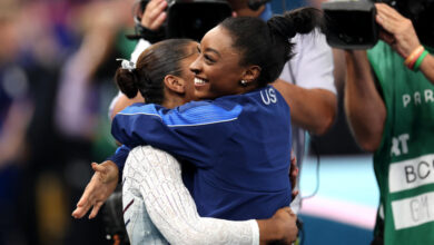 PARIS, FRANCE - AUGUST 05: Simone Biles (R) and Jordan Chiles (L) of Team United States celebrate winning the silver and bronze medals respectively after competing in the Artistic Gymnastics Women's Floor Exercise Final on day ten of the Olympic Games Paris 2024 at Bercy Arena on August 05, 2024 in Paris, France. (Photo by Jamie Squire/Getty Images)