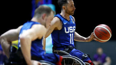 DUBAI, UNITED ARAB EMIRATES - JUNE 20: Steve Serio of USA controls the ball during the IWBF Wheelchair Basketball World Championships 2022 Men's Final match between  USA and Great Britain on June 20, 2023 in Dubai, United Arab Emirates. (Photo by Francois Nel/Getty Images)