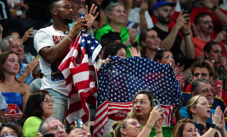 Jonathan Owens and Nellie Biles, husband and mother of USA's Simone Biles during the artistic gymnastics, women's team final, at Bercy Arena on the fourth day of the 2024 Paris Olympic Games in France. Picture date: Tuesday July 30, 2024. (Photo by Mike Egerton/PA Images via Getty Images)