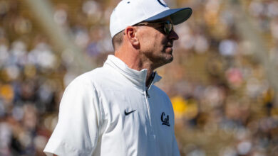 BERKELEY, CALIFORNIA - AUGUST 31: Head coach Justin Wilcox of the California Golden Bears walks out prior to the second half against the UC Davis Aggies at California Memorial Stadium on August 31, 2024 in Berkeley, California. (Photo by Thien-An Truong/ISI Photos/Getty Images)