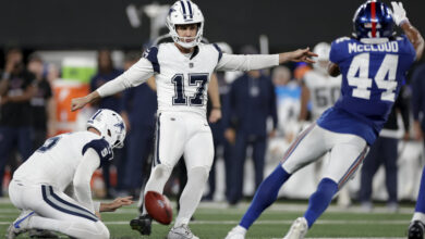 Dallas Cowboys kicker Brandon Aubrey missed a field goal that was huge for bettors. (AP Photo/Adam Hunger)