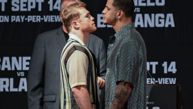 BEVERLY HILLS, CALIFORNIA - AUGUST 6: Canelo Alvarez (L) and Edgar Berlanga (R) show up at the press conference before their match in Las Vegas on September 14, in Beverly Hills of Los Angeles, California, United States on August 6, 2024. (Photo by Tayfun Coskun/Anadolu via Getty Images)