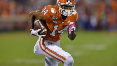 Clemson's Diondre Overton rushes for a touchdown after a reception during the first half of an NCAA college football game against Boston College Saturday, Oct. 26, 2019, in Clemson, S.C. (AP Photo/Richard Shiro)